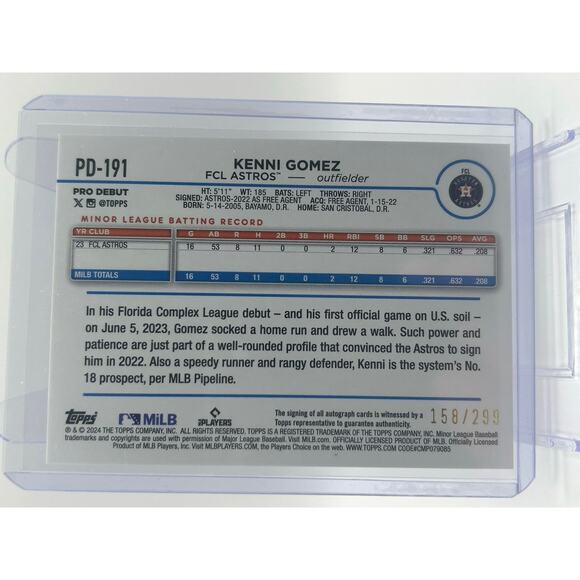 2024 Topps Pro Debut Kenni Gomez Purple Foil Autograph Card /299 Houston Astros - Picture 2 of 2